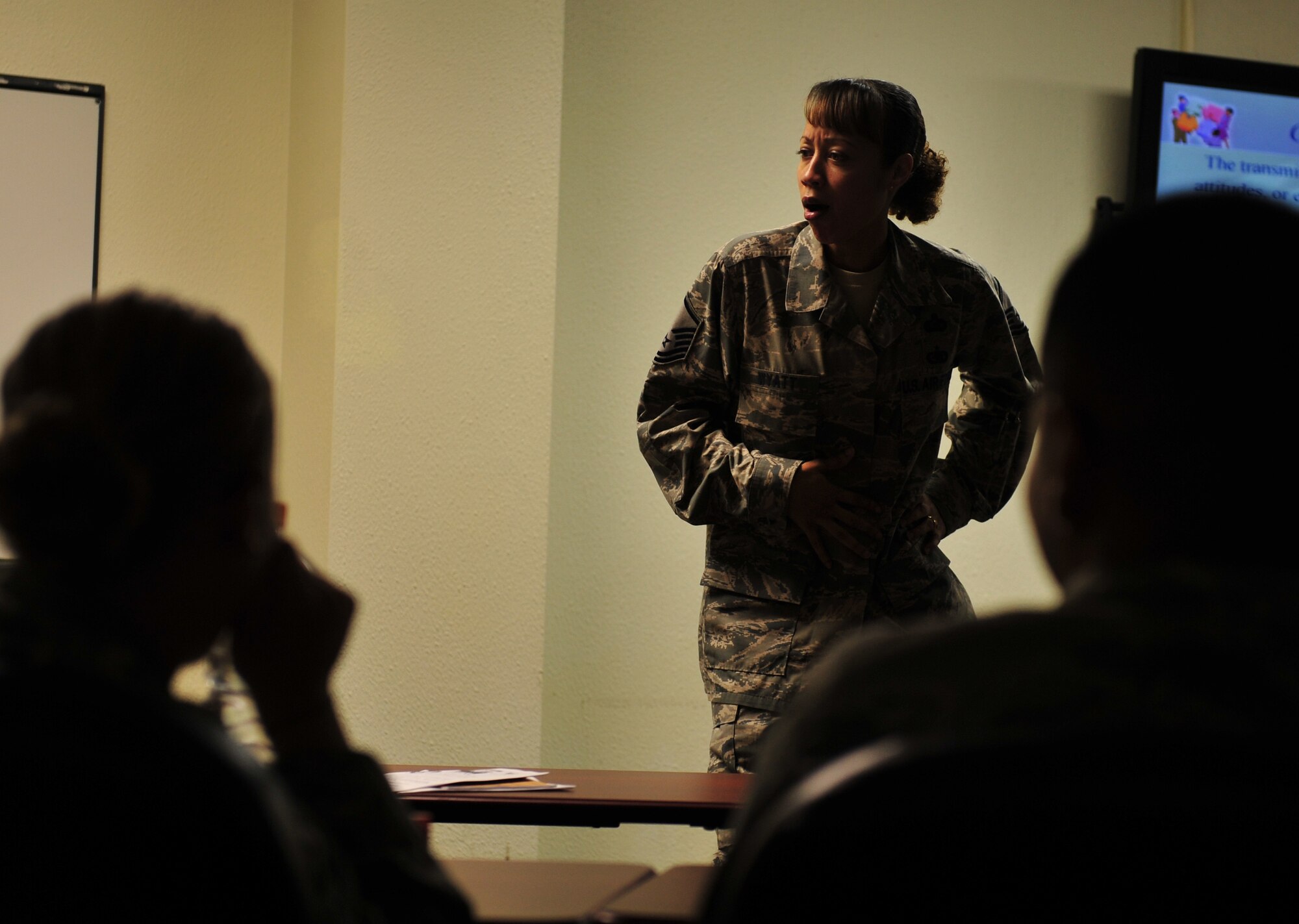 U.S. Air Force Master Sgt. Tanya Wyatt, 18th Wing Equal Opportunity advisor, briefs a group of first-term Airmen on Air Force EO policies on Kadena Air Base, Japan, May 21, 2013. Wyatt has been in the military for 15 years and enjoys helping military personnel as an EO advisor. (U.S. Air Force photo by Staff Sgt. Rachelle Coleman/Released)