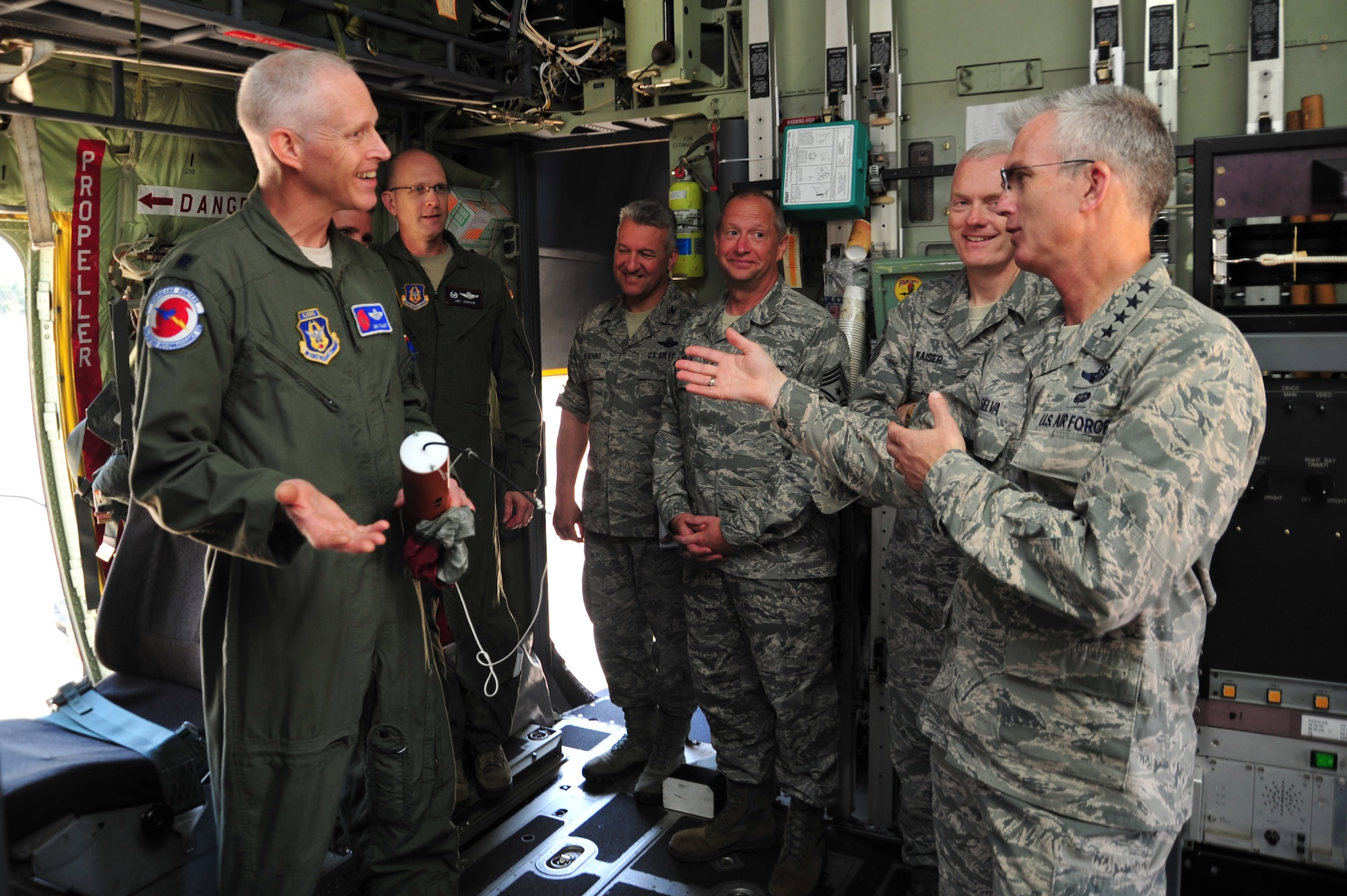 Gen. Paul Selva, commander of Air Mobility Command, converses with Lt. Col. Jon Talbot, Chief Aerial Reconnaissance Weather Officer, during a tour of a WC-130J from the 53rd Weather Reconnaissance Squadron while visiting Keesler Air Force Base, Miss., May 15, 2013. While here, the general toured the 815th and 345th Airlift Squadrons and the 53rd WRS, all units under the 403rd Wing, as well as the 81st Training Wing. (U.S. Air Force photo/Tech. Sgt. Ryan Labadens)