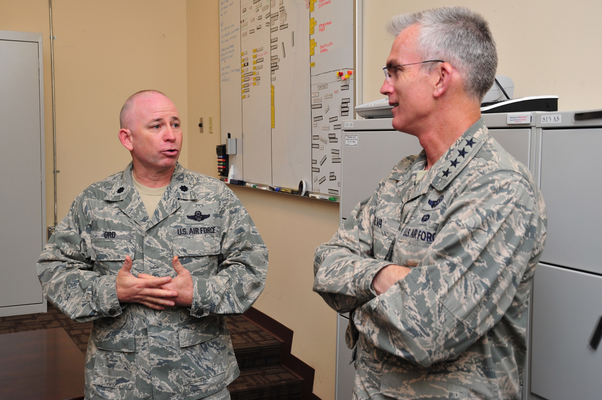 Gen. Paul Selva, commander of Air Mobility Command, receives a tour of the 815th and 345th Airlift Squadron facilities from Lt. Col. Walter Ord, 815th AS assistant director of operations, at Keesler Air Force Base, Miss., May 15, 2013. While here, the general visited the 815th and 345th Airlift Squadrons and the 53rd Weather Reconnaissance Squadron, all units under the 403rd Wing, as well as the 81st Training Wing during his tour. (U.S. Air Force photo/Tech. Sgt. Ryan Labadens)