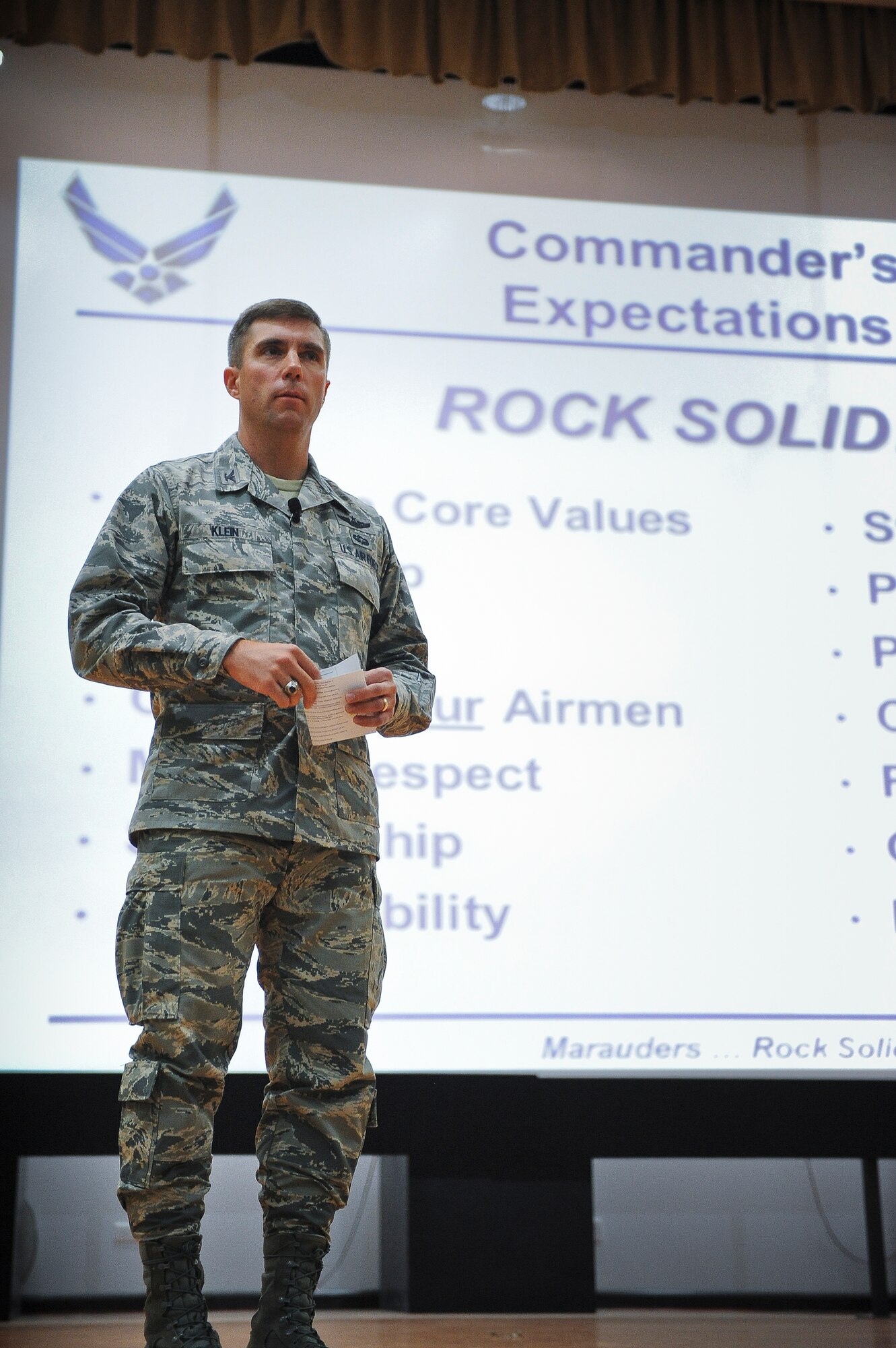 “There are only two ways to do things, the right way and again,” said Col. John M. Klein Jr., new wing commander of the 386th Air Expeditionary Wing.  Klein was addressing his Airmen during a commander’s call Friday, July 5, 2013.  
“Show your Airmen what excellence looks like.” (U.S. Air Force Photo by 1st Lt. Nathan Wallin)
