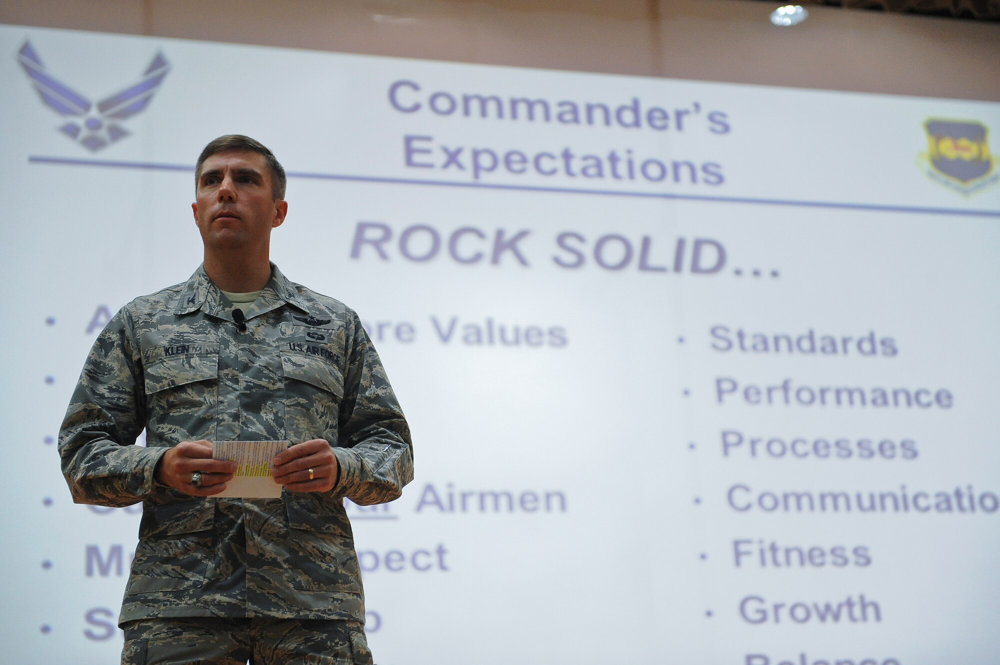 “These are the things that are important to me,” said Col. John M. Klein Jr., new wing commander of the 386th Air Expeditionary Wing.  Klein was addressing his Airmen during a commander’s call Friday, July 5, 2013.  
“These are the things I expect of you.” (U.S. Air Force Photo by 1st Lt. Nathan Wallin)
