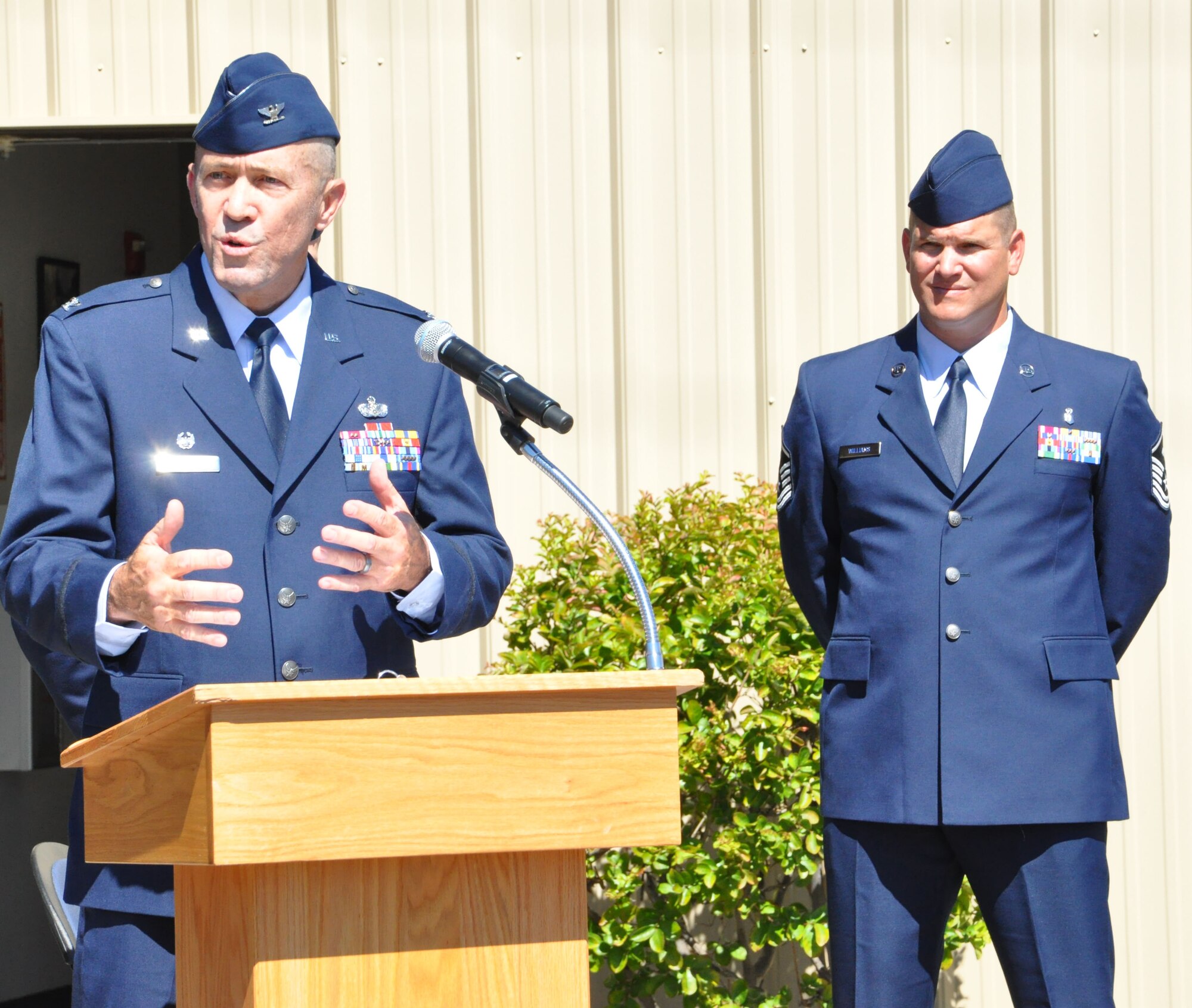 Col Timothy Lamb explains his goals for the newly established 583rd RED HORSE Squadron. The 583rd RED HORSE Squadron held a stand up ceremony July 13 during the unit training assembly at Beale Air Force Base, Calif., gaining members from the 940th Civil Engineering Squadron and the 9th CES. (U.S. Air Force photo Senior Airman Adam Hamar)