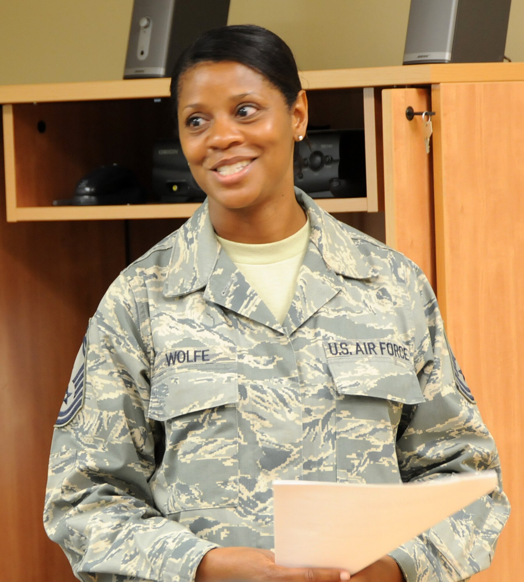 Senior Master Sgt. Theresa A. Wolfe, 192nd Fighter Wing Human Resource advisor, briefs a class during the “Mock Interview Board” presented by the Junior Enlisted Council, July 13, 2013. Wolfe briefed the class on how to prepare for a board interview and the procedures to follow when meeting the board. Airmen were also able to sharpen their interview skills by viewing a demonstration of how to present oneself in an interview, and by volunteering to practice in front of the mock board. (U.S. Air National Guard photo by Airman 1st Class Johnisa B. Roberts/Released)