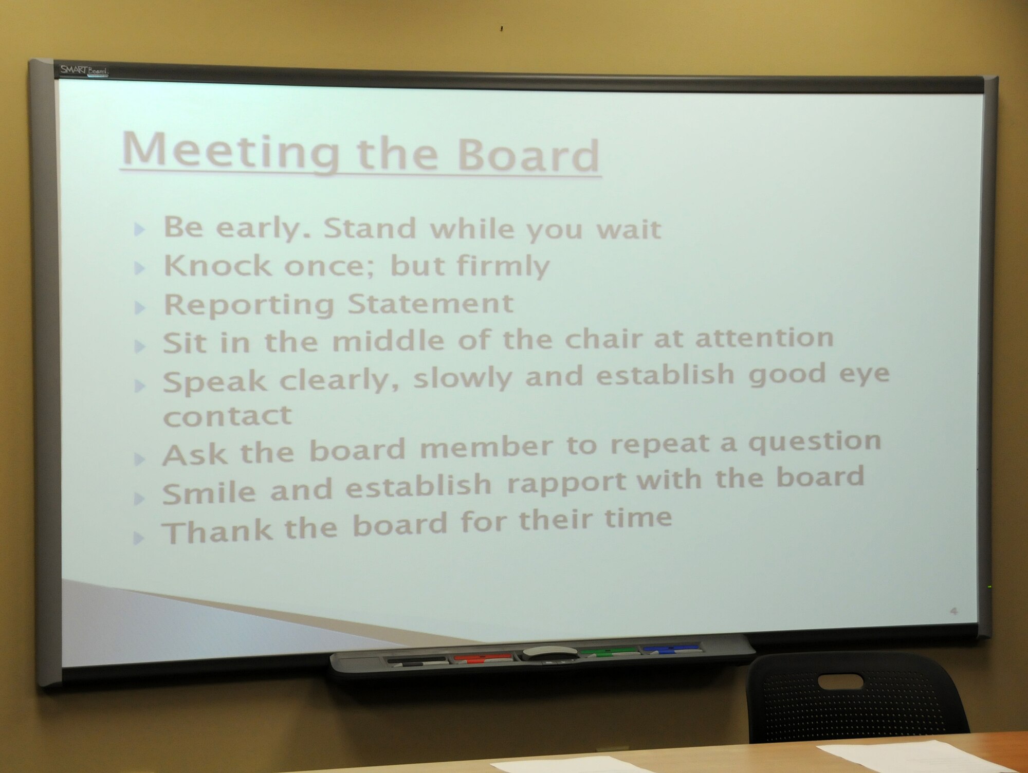 Members of the 192nd Fighter Wing attended a “Mock Interview Board” presented by the Junior Enlisted Council, July 13, 2013. The class received a briefing on how to prepare for a board interview and the procedures to follow when meeting the board. Airmen were also able to sharpen their interview skills by viewing a demonstration of how to present oneself in an interview, and by volunteering to practice in front of the mock board. (U.S. Air National Guard photo by Airman 1st Class Johnisa B. Roberts/Released)