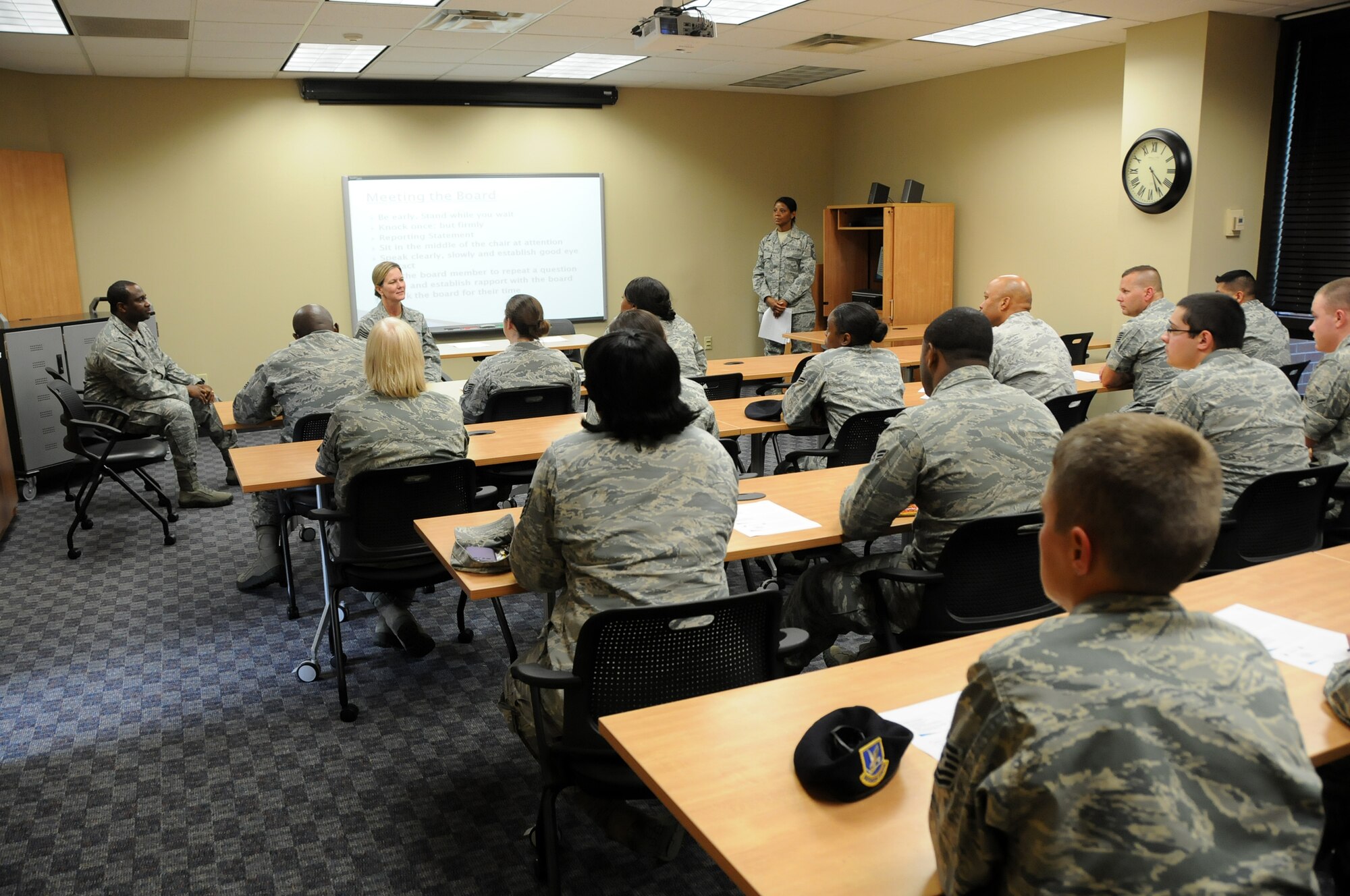 Members of the 192nd Fighter Wing attended a “Mock Interview Board” presented by the Junior Enlisted Council, July 13, 2013. The class received a briefing on how to prepare for a board interview and the procedures to follow when meeting the board. Airmen were also able to sharpen their interview skills by viewing a demonstration of how to present oneself in an interview, and by volunteering to practice in front of the mock board. (U.S. Air National Guard photo by Airman 1st Class Johnisa B. Roberts/Released)