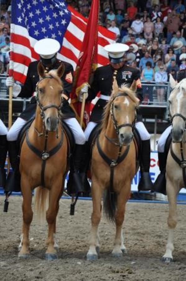 (Left to right) Sergeant Edgar Torrealba, the staff noncommissioned officer in charge of the Marine Corps Mounted Color Guard from Marine Corps Logistics Base Barstow, Calif., and Sgt. Joel Richards, a stableman with the MCG, bow their heads for prayer during the opening of the Cody Stampede Rodeo, July 4, in Cody, Wyo.


