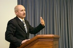 General Vasyl Kvashuk, director of the Ukrainian Army's Civil Protection Department, addresses Brig. Gen. William H. Wade II, adjutant general of the California National Guard, and other key leadership on Nov. 12, 2008, at the Joint Force Headquarters in Sacramento. The Urkainian team led by Kvashuk was in California to participate in Vigilant Guard '09, the National Guard's weeklong disaster-response exercise. Kvashuk discussed Ukraine's response to the July 2008 floods that decimated lives and homes in Western Ukraine.