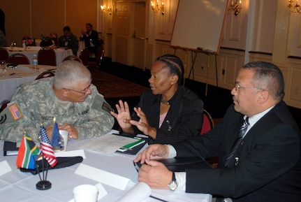 New York State Adjutant General Maj. Gen. Joseph Taluto speaks with Ms. Susan Shabangu, the South Africa Deputy Minister for Safety and Security during the National Guard's State Partnership Conference in Latham on September 4. Leaders from the South African Defense Forces and New York National Guard met to discuss emerging opportunities for military to military relations and continuing partnerships with New York's government agencies.