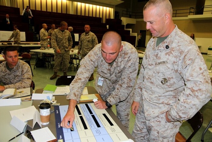 Capt. Wilson Moore, a member of the Amphibious Combat Vehicle team, explains the tradable capabilities matrix to Gunnery Sgt. Chris Breen, an infantryman from Twentynine Palms, Calif., during the ACV Warfighter Requirements Workshop July 9 at Marine Corps Base Quantico, Va. The ACV team held the workshop to gain input from fleet Marines about the capabilities they deem important for a high water speed vehicle. 