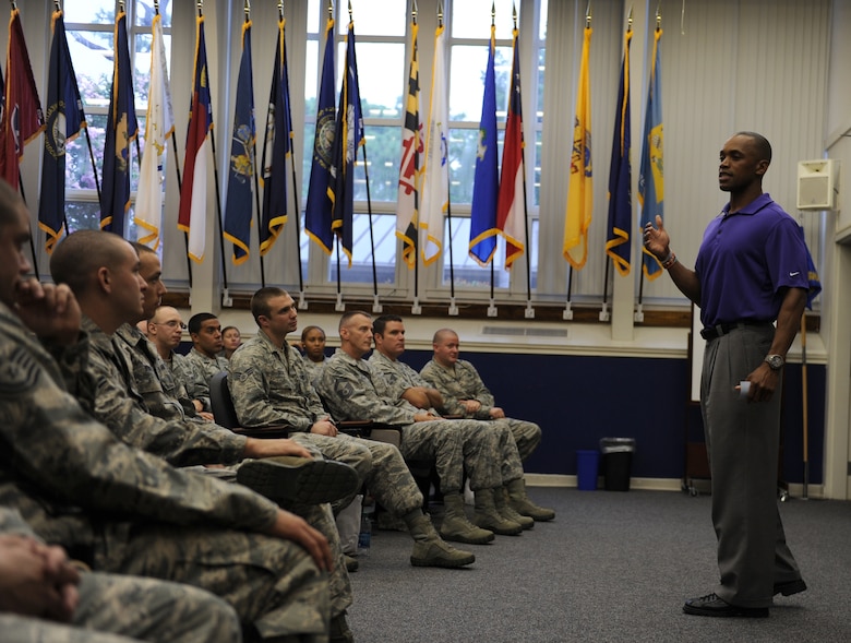 Leonard Wheeler, a former National Football League player and “game on” presenter, speaks to Hurlburt Airmen during a “game on” presentation at the Vincent Airman Leadership School auditorium at Hurlburt Field, Fla., July 11, 2013. Wheeler shared stories with the crowd about his past experiences with the Cincinnati Bengals, Minnesota Vikings and Carolina Panthers. (U.S. Air Force Photo / Senior Airman Joe McFadden)