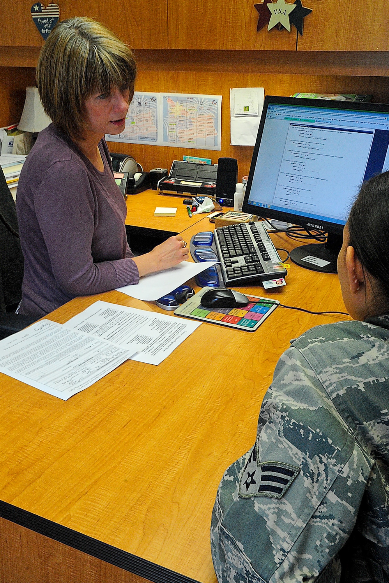 Jennifer Aubrey, 436th Force Support Squadron community readiness consultant, conducts pre-separation counseling with an Airman July 15, 2013 at the Airman and Family Readiness Center on Dover Air Force Base, Del. This is one of the services the Airman and Family Readiness Center performs to help service members and their families. (U.S. Air Force photo/Airman 1st Class Ashlin Federick)