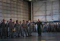 Col. Andy Comtois, commander of the 919th Special Operations Wing, kicks off the wing's Sexual Assault Prevention and Response training sessions with remarks to a mass assembly of his reservists July 14 at Duke Field, Fla. The SAPR program reinforces the Air Force's commitment to eliminate incidents of sexual assault through awareness and prevention training, education, victim advocacy, response, reporting and accountability. The Air Force promotes sensitive care and confidential reporting for victims of sexual assault and accountability for those who commit these crimes.  (U.S. Air Force photo/Tech. Sgt. Samuel King Jr.)