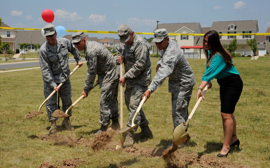 Senior Leaders from the 2nd Bomb Wing and Dreamer Dowden, Community Director for Family Housing, break ground during the ceremony of the East Reservation Community Center on Barksdale Air Force Base, La., July 12, 2013. The center is expected to be finished within the next six months. (U.S. Air Force photo/Airman 1st Class Andrew Moua)