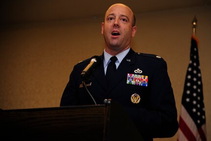 Lt. Col Patrick Miller speaks to the audience of the 628th Civil Engineer Squadron change of command ceremony July 11, 2013, at the Charleston Club at Joint Base Charleston – Air Base, S.C. Miller assumed command from Lt. Col. Aaron Altweis. (U.S. Air Force photo/Staff Sgt. Rasheen Douglas)