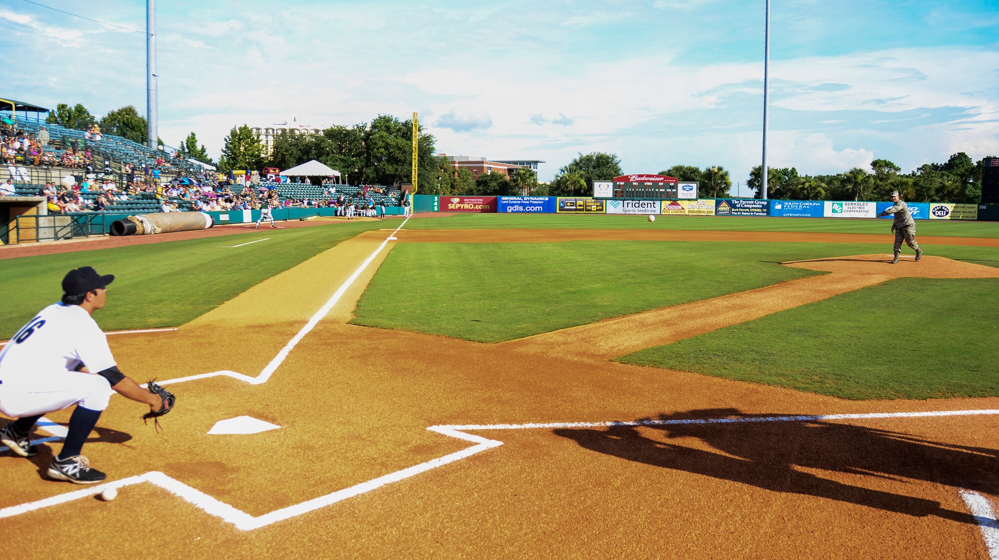 Col. James Hurley, 315th Mission Support Group commander, delivers the ceremonial first pitch during Military Appreciation Night July 13, 2013, at the Joseph P. Riley Jr. ballpark in Charleston, S.C. The Charleston RiverDogs hosted Military Appreciation Night to show their support for the local military. (U.S. Air Force photo/ Staff Sgt. Anthony Hyatt)