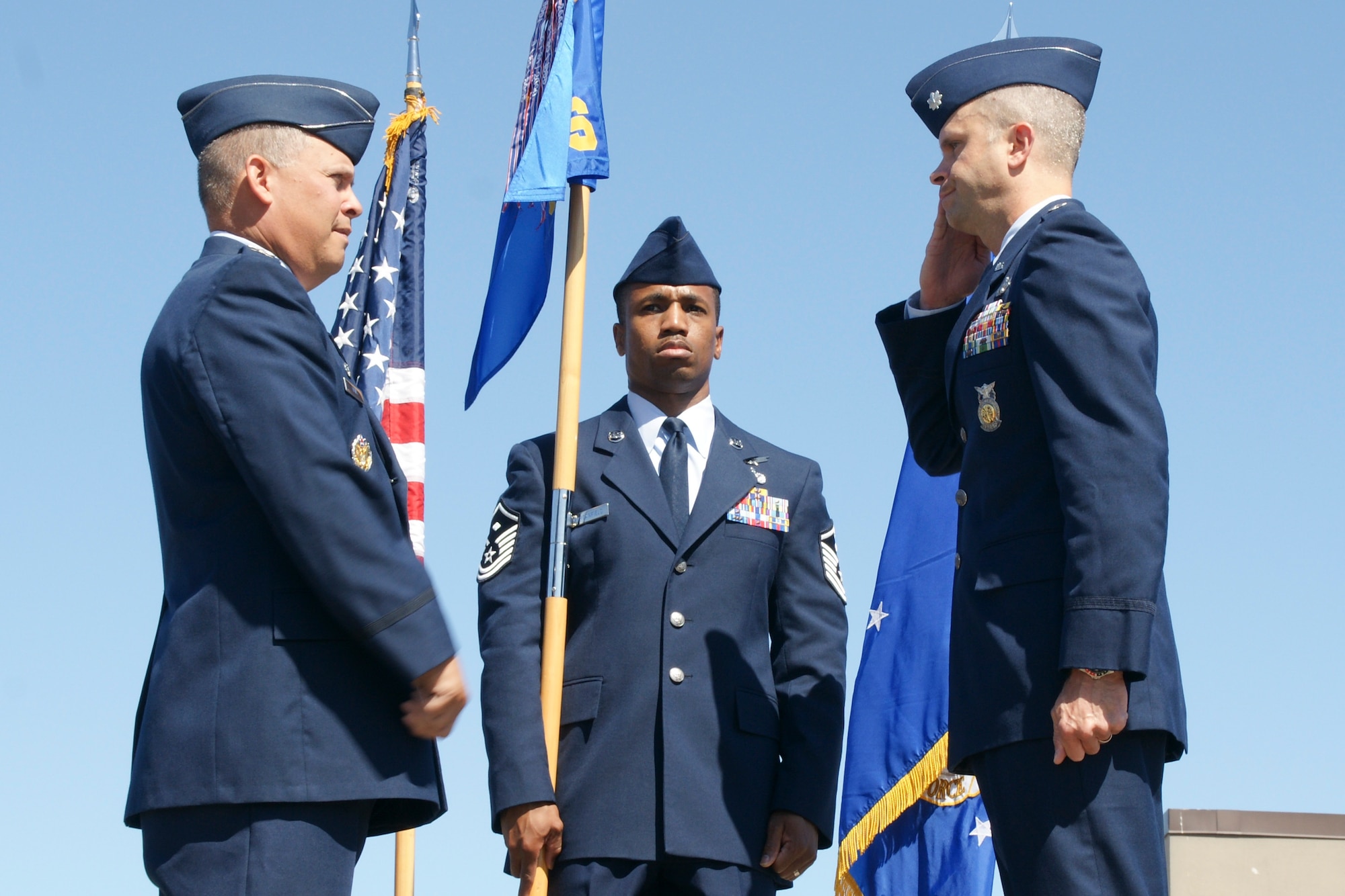 VANDENBERG AIR FORCE BASE, Calif. – Lt.Col. Deron Frailie assumes command of the 30th Civil Engineer Squadron here Monday, July 8, 2013.  Pictured from left, Col Jed Davis 30th Mission Support Group commander, Master Sgt. Matt Morganfield 30th CES first sergeant, and Lt. Col. Deron Frailie. Frailie joins Team V from the 8th Civil Engineer Squadron, Kunsan AB, South Korea. (U.S. Air Force photo/Chief Master Sgt. John Hoffman)