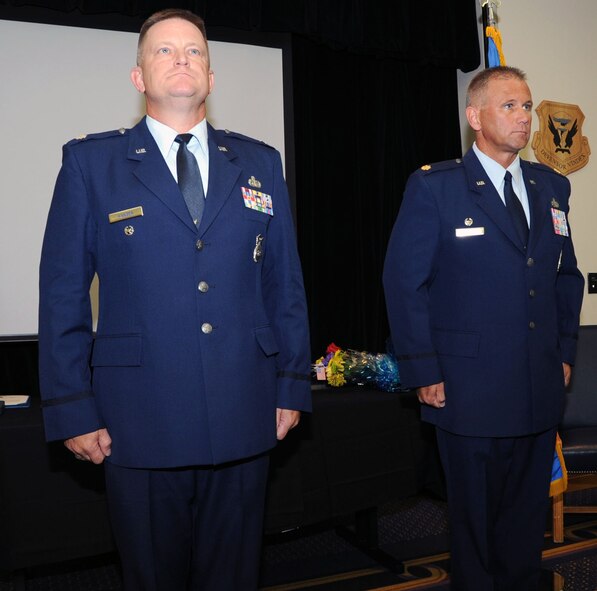 Maj. Dan R. Diercks (right), 442nd Security Forces Squadron commander, stands at attention along side Lt. Col. Kent D. Hansen, Air Force Reserve Command chief, Security Forces operations, Robins Air Force Base, Ga., at Diercks' retirment ceremony here, July 13. Diercks' family, co-workers and friends were in attendance to see him on his way. The 442nd SFS is part of the 442nd Fighter Wing, an Air Force Reserve A-10 Thunderbolt II unit at Whiteman Air Force Base, Mo. (U.S. Air Force photo/Tech. Sgt. Tommy Talbert)