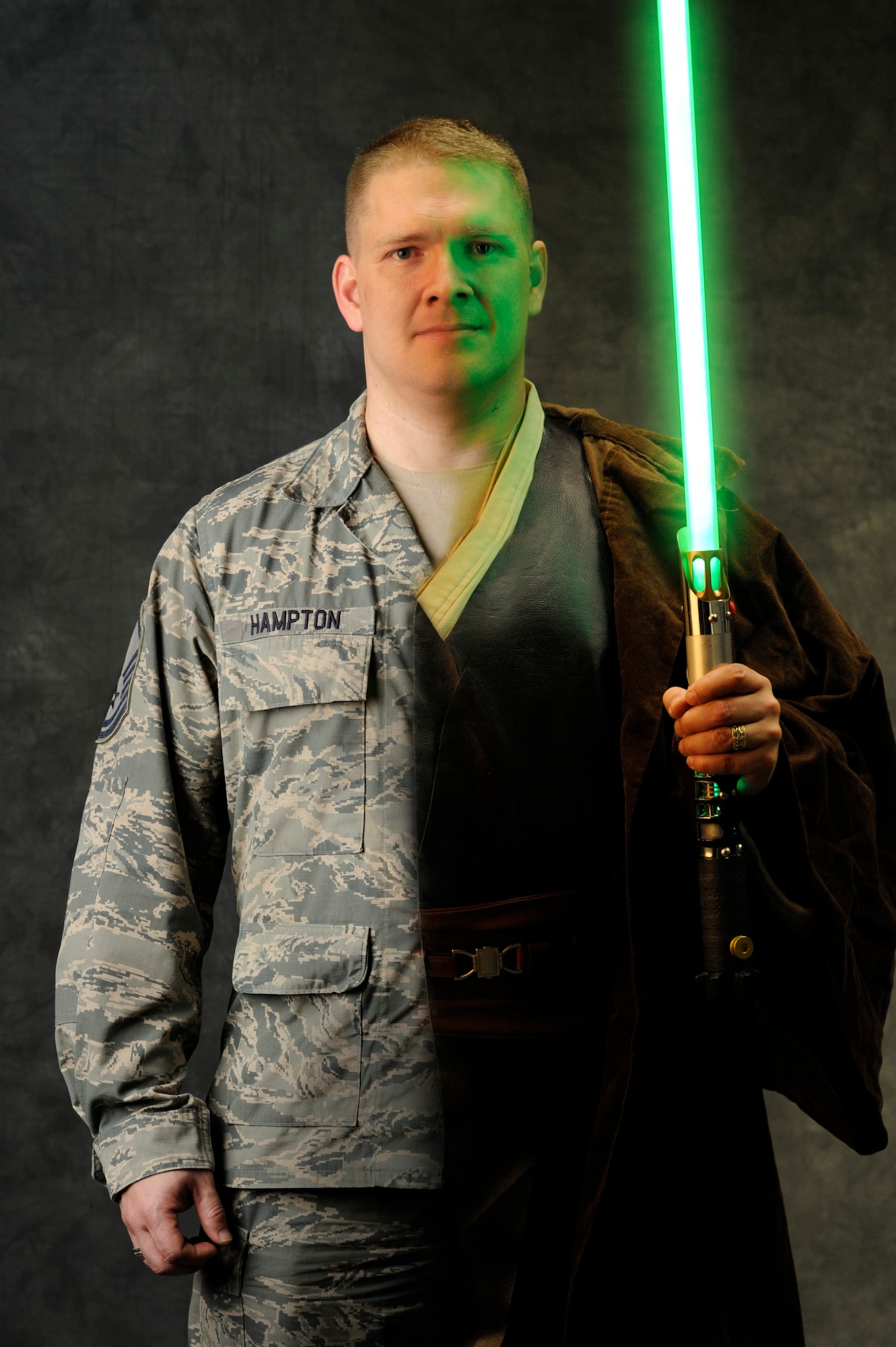 Master Sgt. Kenneth Hampton, 509th Medical Group NCO-in-charge of education and training, crafts custom light sabers in his spare time, July 2, 2013. Inspired by “Star Wars,” Hampton started building his own lightsaber, ‘Transparency,’ in February 2013.  (U.S. Air Force photo illustration by Staff Sgt. Alexandra M. Boutte/Released)
