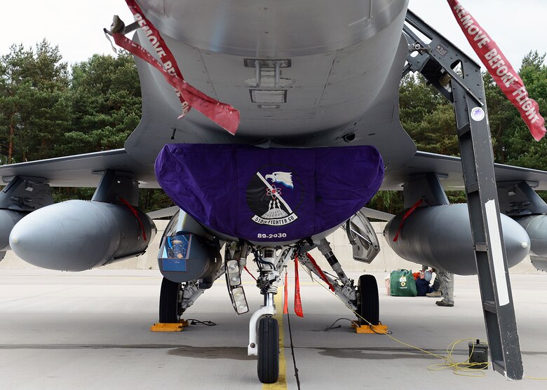 LASK AIR BASE, Poland -- The intake cover on a U.S. Air Force F-16 Fighting Falcon fighter aircraft showcases the shield of the 510th Fighter Squadron from Aviano Air Base, Italy. Six aircraft deployed to Poland as part of a partnership-building event July 15-26, 2013. (U.S. Air Force photo by Staff Sgt. Daryl Knee/Released)
