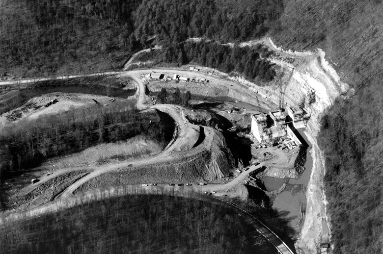 This is a photo taken in November 1976 during construction of Martins Fork Dam in Smith, Ky. The photo was in the press kit for the Martins Fork Dam Dedication Ceremony held 11 a.m. June 30, 1979. The project was built and is now operated by the U.S. Army Corps of Engineers Nashville District.