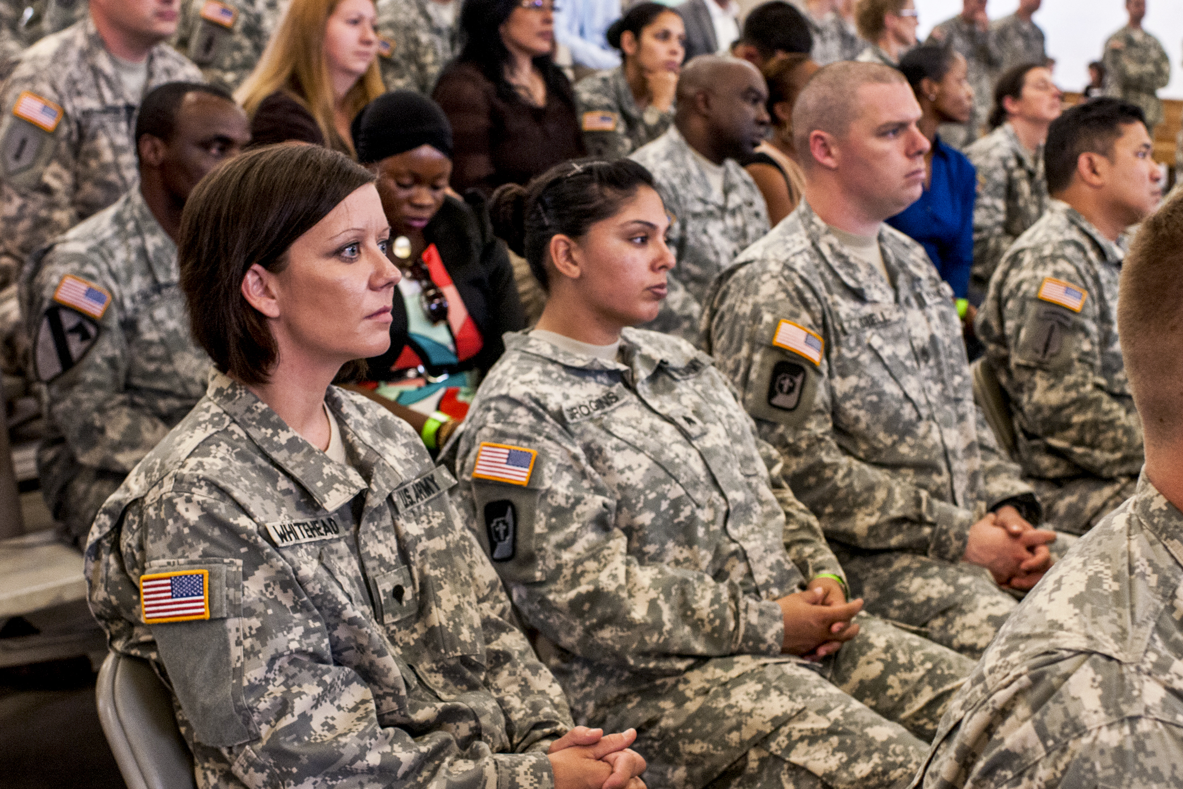 Soldiers Families And Civilians Listen To Defense Secretary Chuck Hagel As He Speaks At A Town