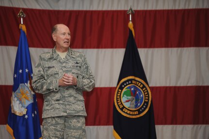 Gen. C. Robert Kehler, United States Strategic Command commander, speaks to Airmen during an all call on Barksdale Air Force Base, La., July 15, 2013. Kehler visited the base to tour its facilities and speak to Airmen about the current state of the strategic mission and what the future holds. (U.S. Air Force photo/Airman 1st Class Benjamin Gonsier)