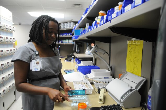Tricia Rampersad, lead pharmacy technician at Naval Health Clinic Quantico, fills prescriptions in the pharmacy she helped to overhaul on July 11, 2013. For her work she’s one of three finalists in the Next-Generation Pharmacist awards’ technician category. 