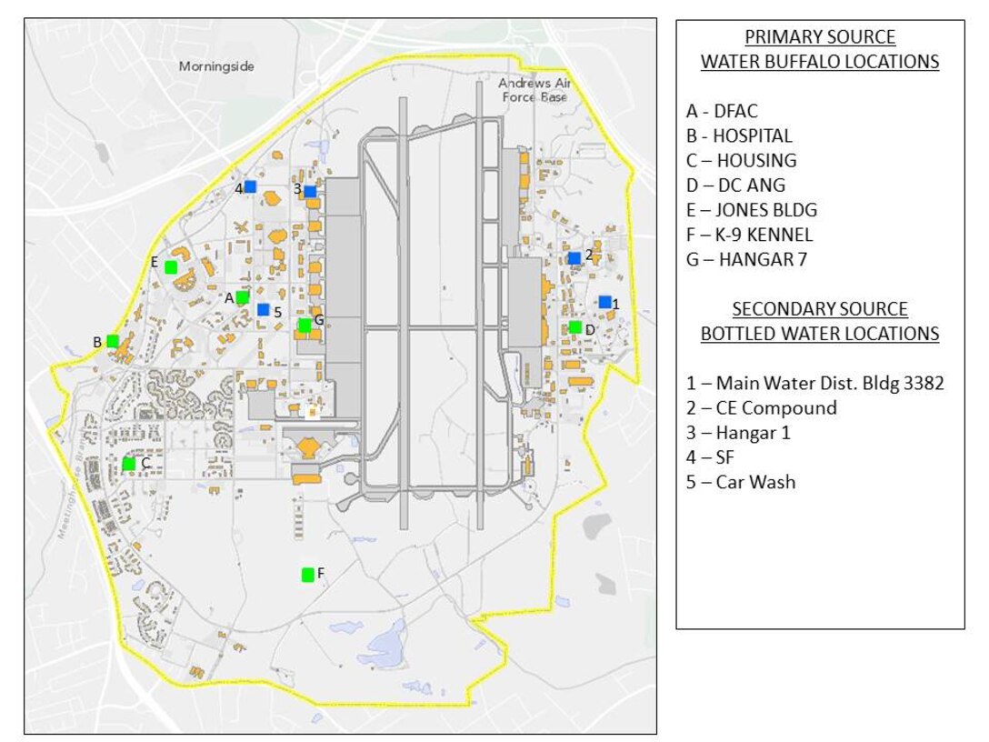 Andrews will open water distribution stations to base members at the identified water buffalo locations starting at noon tomorrow.  The water buffalo stations will be the primary location for water distribution throughout the installation. 

 Liberty Park residents are encouraged to use the water station located within housing in order to leave the other locations for mission-essential personnel.

Limited amounts of bottled water will be available at additional locations for mission-essential personnel and dorm residents.  (U.S. Air Force graphic)
