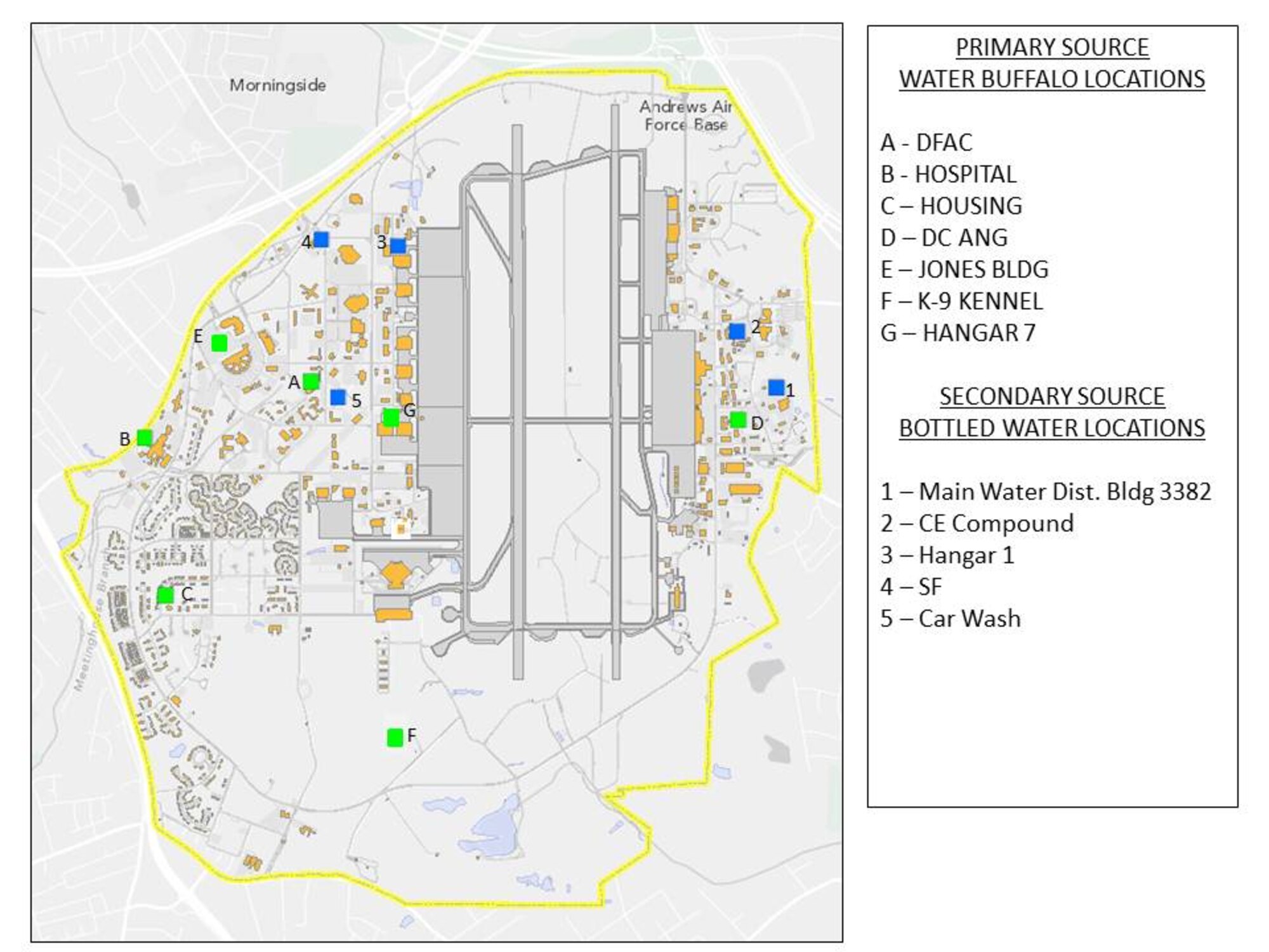 Andrews will open water distribution stations to base members at the identified water buffalo locations starting at noon tomorrow.  The water buffalo stations will be the primary location for water distribution throughout the installation. 

 Liberty Park residents are encouraged to use the water station located within housing in order to leave the other locations for mission-essential personnel.

Limited amounts of bottled water will be available at additional locations for mission-essential personnel and dorm residents.  (U.S. Air Force graphic)
