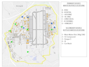 Andrews will open water distribution stations to base members at the identified water buffalo locations starting at noon tomorrow.  The water buffalo stations will be the primary location for water distribution throughout the installation. 

 Liberty Park residents are encouraged to use the water station located within housing in order to leave the other locations for mission-essential personnel.

Limited amounts of bottled water will be available at additional locations for mission-essential personnel and dorm residents.  (U.S. Air Force graphic)
