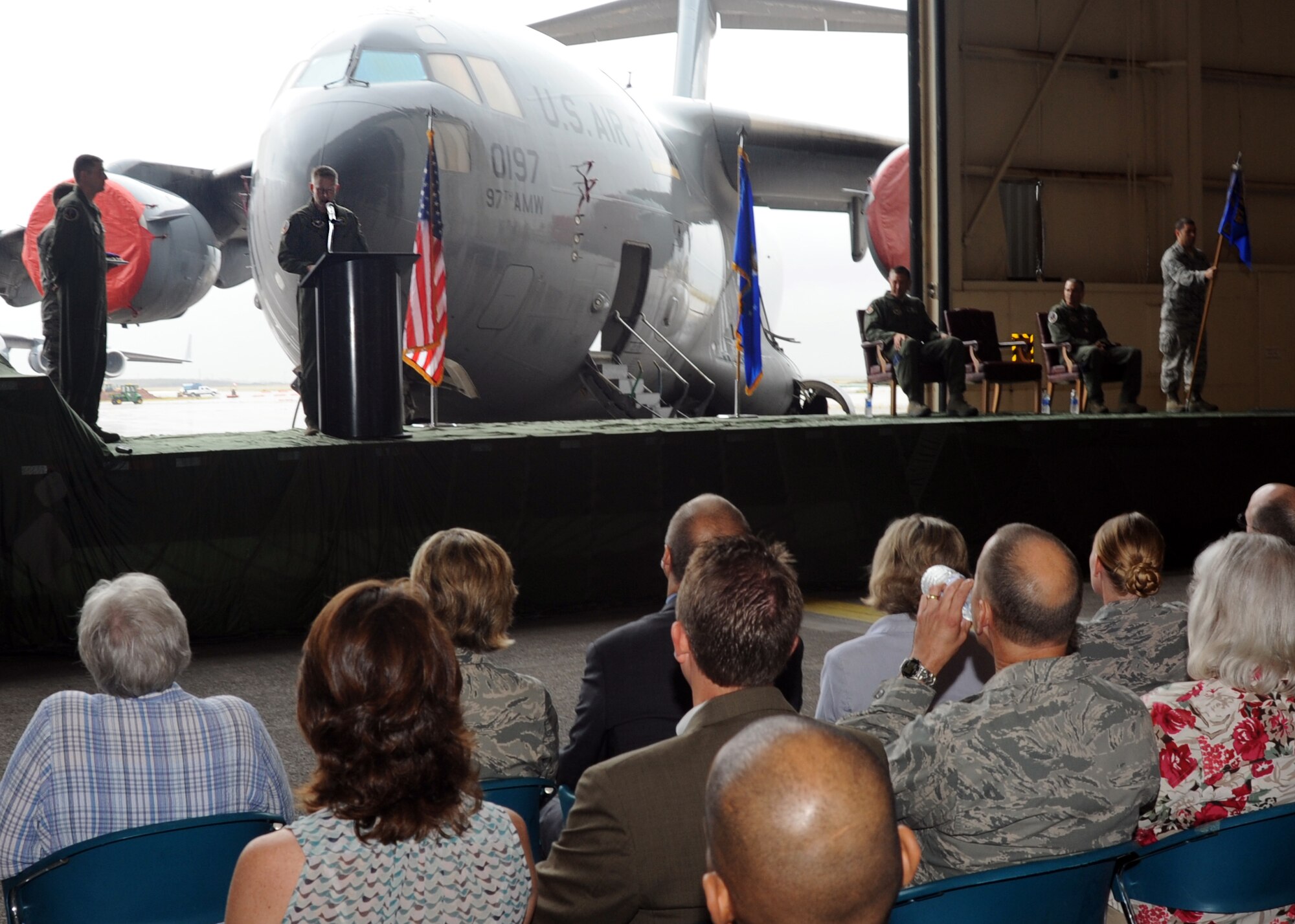 ALTUS AIR FORCE BASE, Okla. – Col. Michael Finch, 97th Operations Group commander, speaks to members of Altus AFB during a change of command ceremony, July 16. The event was held to relinquish command from Col. Ted Detwiler to Finch. Before coming to Altus AFB, Finch was a student at the U.S. Army War College at Carlisle Barracks, Pa. (U.S. Air Force photo by Airman 1st Class Levin Boland / Released)