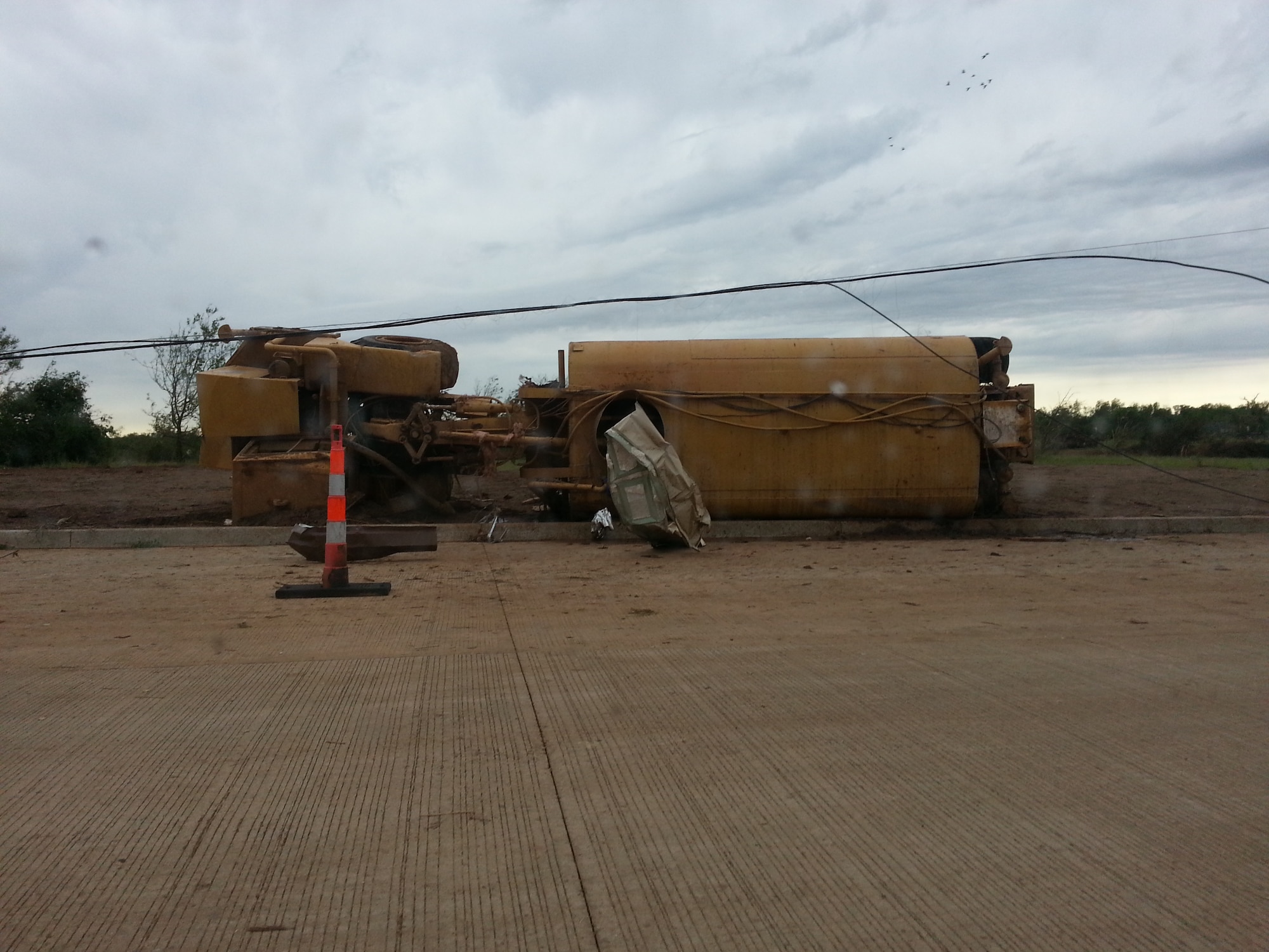 MOORE, Okla. -- A water truck lies overturned after an EF-4 tornado struck the area May 20, 2013.