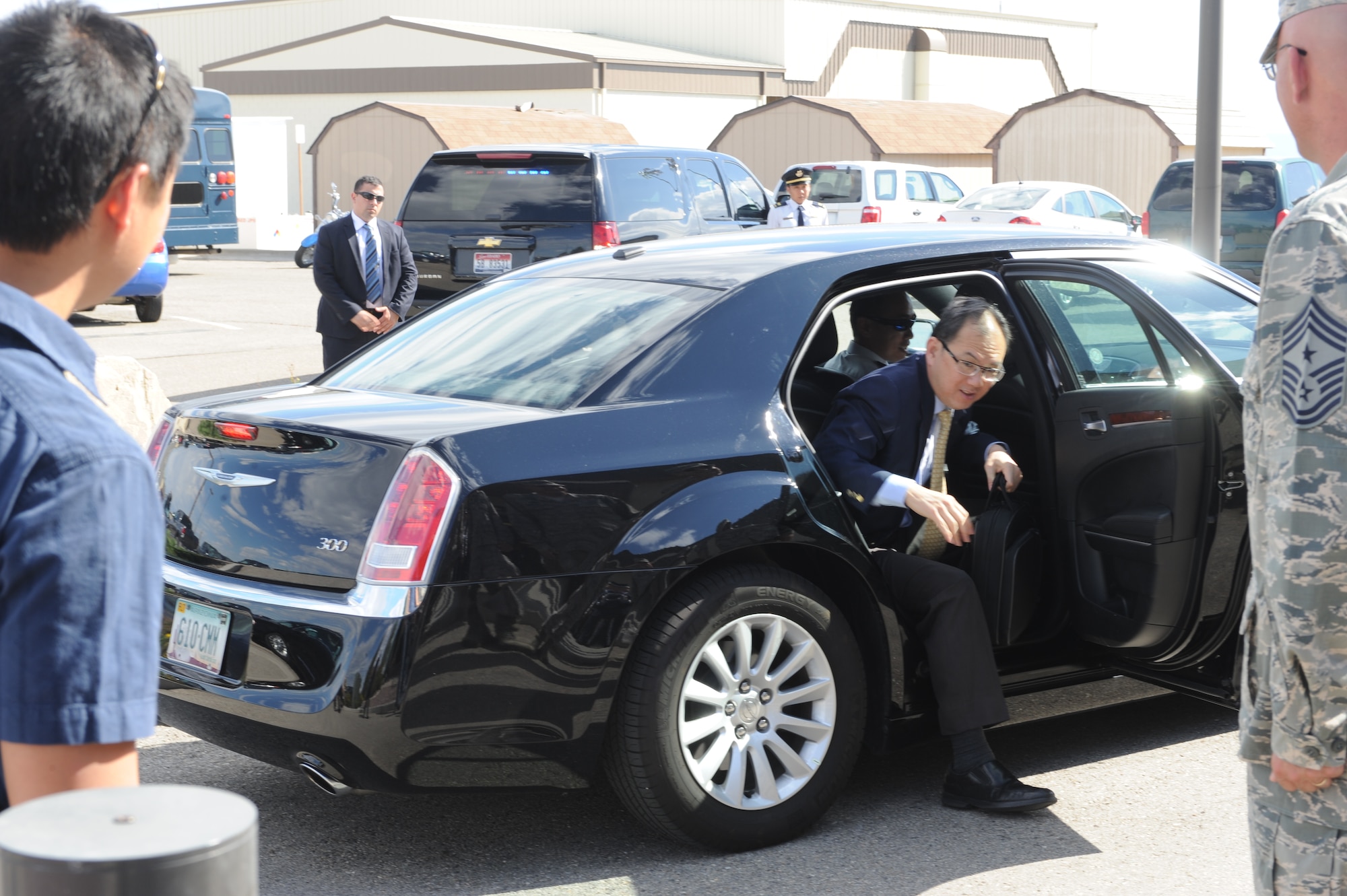 Mr. Chiang Chie Foo, Republic of Singapore Permanent Secretary (Defence) gets out of a car July 15, 2013, at Mountain Home AIr Force Base, Idaho. Mr. Foo was given a windshield tour of the base during his stay. (U.S. Air Force photo by Airman 1st Class Malissa Lott/Released) 