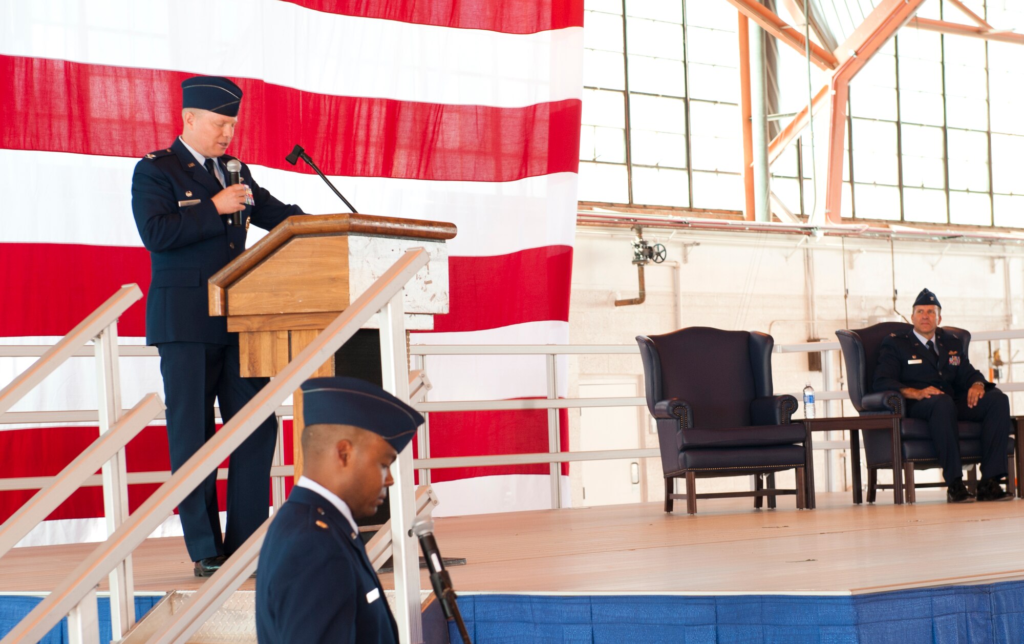 Colonel Andrew Croft, 49th Wing commander, delivers an introduction speech during the 49th Operations Group change of command ceremony at Holloman Air Force Base, N.M., June 12. In the ceremony Col. Mark Hoehn assumed command of the 49th OG from Col. Kenneth Johnson. The group is home to the Air Force’s most combat-ready F-22 Raptor squadron and is a formal training unit for MQ-1 Predator and MQ-9 Reaper aircrew, graduating around 700 crews per year. (U.S. Air Force photo by Airman 1st Class Daniel E. Liddicoet/Released)