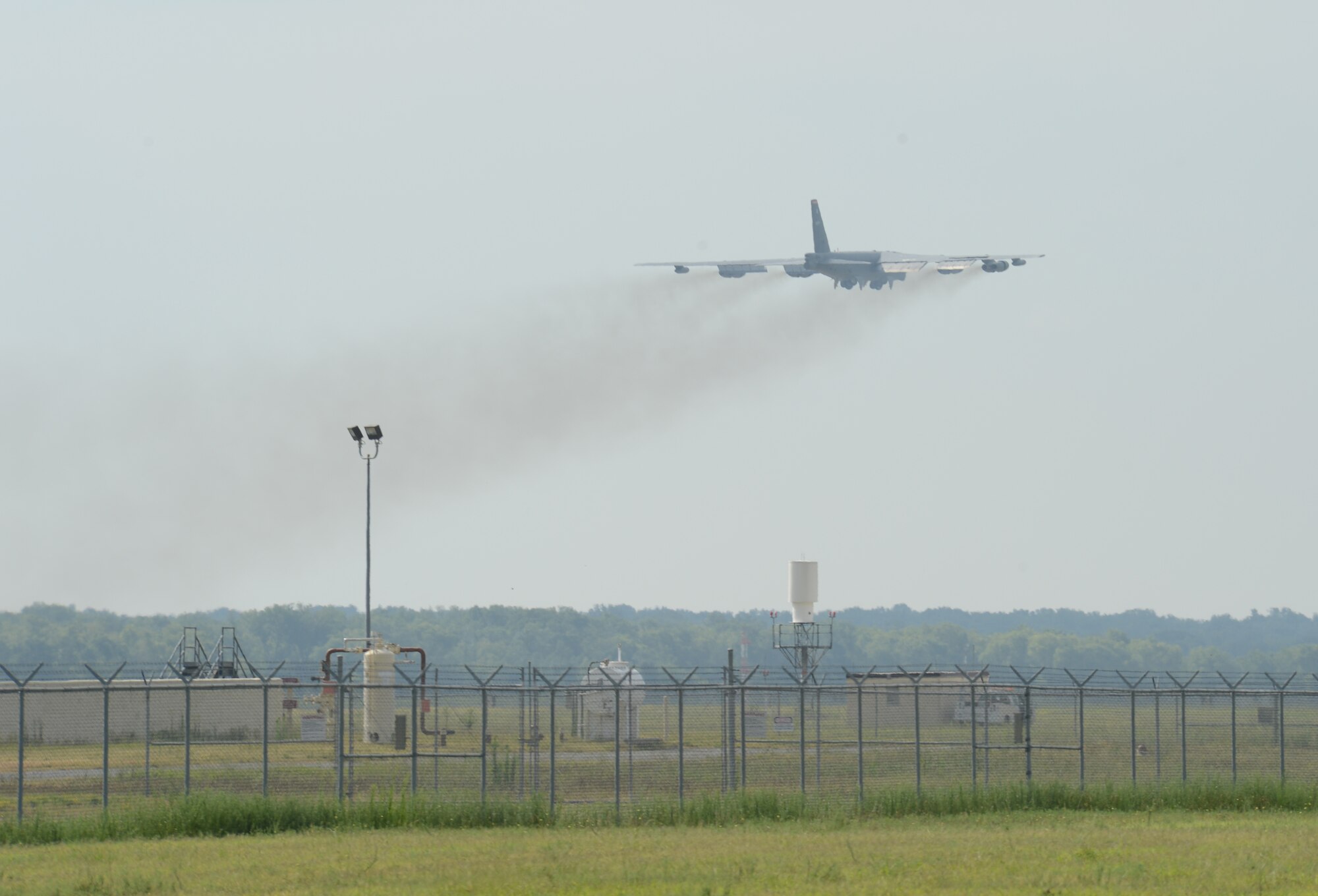 A B-52H Stratofortress takes off from Barksdale Air Force Base, La., July 16, 2013. The aircraft flew to Tinker Air Force Base, Okla., to receive a communication upgrade. The new system uses a high-speed digital data link that can transmit targeting, intelligence, surveillance and reconnaissance information. The Air Force has set aside funding for 30 B-52s to be upgraded in the near future. (U.S. Air Force photo/Senior Airman Micaiah Anthony)
