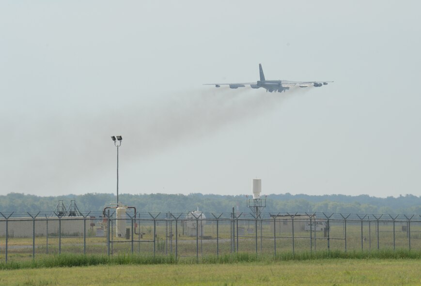 A B-52H Stratofortress takes off from Barksdale Air Force Base, La., July 16, 2013. The aircraft flew to Tinker Air Force Base, Okla., to receive a communication upgrade. The new system uses a high-speed digital data link that can transmit targeting, intelligence, surveillance and reconnaissance information. The Air Force has set aside funding for 30 B-52s to be upgraded in the near future. (U.S. Air Force photo/Senior Airman Micaiah Anthony)