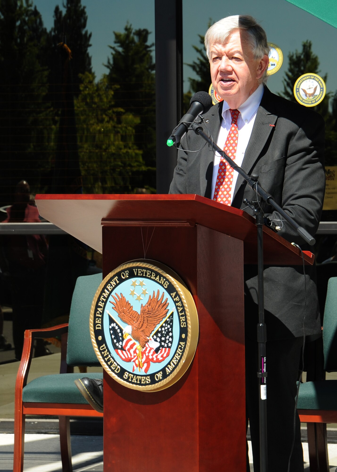 Jack Cowan, Honorary Consul of France, speaks during an award ceremony for WWII Army Air Corps B-17 gunner Del Casper at the Spokane Veterans Center in Spokane Valley, Wash., July 15, 2013.  Cowan presented Casper with the French Legion of Honor medal for his bravery during WWII.  (U.S. Air Force photo by Senior Airman Samantha Krolikowski/Released)