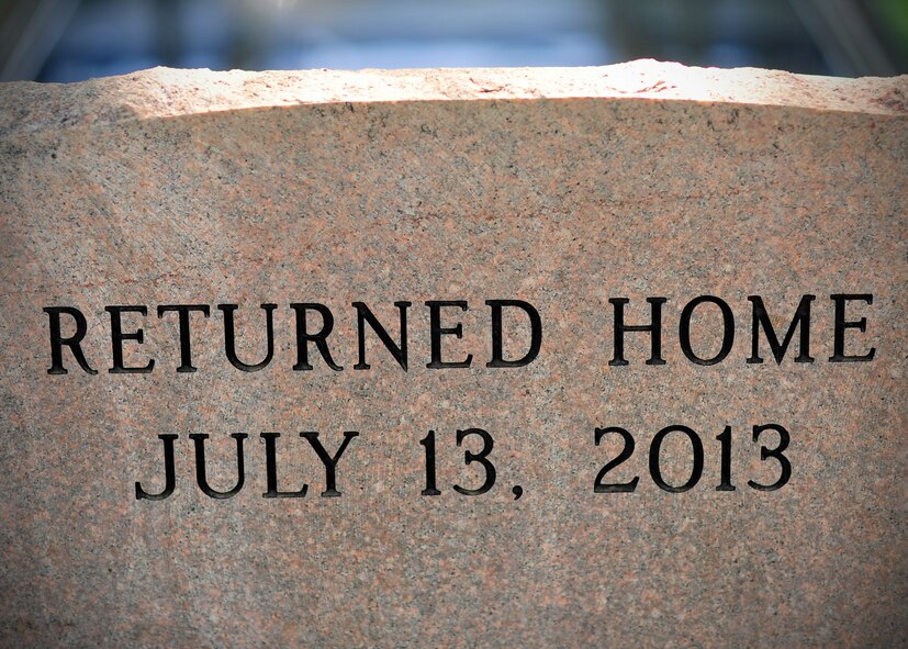 Pictured is the reverse side of Maj. Larry Hanley’s grave stone in Walla Walla, Wash., July 13, 2013. Hanley, piloting an F-105D Thunderchief, crashed in Khammouan Province, Laos, while attacking an enemy anti-aircraft position on Nov. 4, 1969, during the Vietnam War.  (U.S. Air Force photo by Senior Airman Taylor Curry/Released)