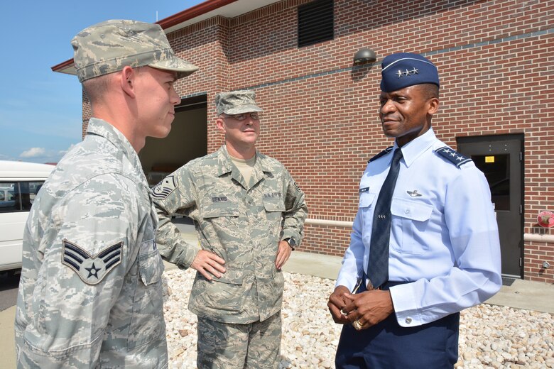 Lt Gen Darren McDew, Commander of the 18th Air Force arrived at The 117th Air Refueling Wing, Birmingham, AL on 9 July 2013. Lt Gen McDew spent several hours meeting and talking to Airmen in several shops across the base. This was Lt Gen McDew's first trip to the 117th Air Refuelling Wing.  (U.S. Air National Guard photo by Master Sgt. Ken Johnson/Released)