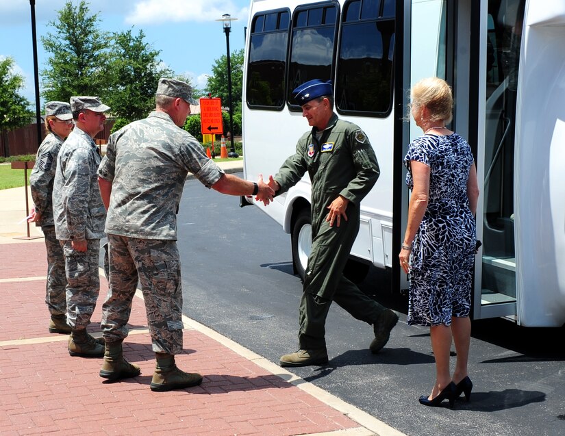U.S. Air Force Maj. Gen. H.D. Polumbo Jr., 9th Air Force commander, is greeted by members of the 633rd Medical Group before touring U.S. Air Force Hospital Langley on Langley Air Force Base Va., July 15, 2013. Polumbo visited the hospital as part of a two-day base tour. (U.S. Air Force photo by Airman Areca T. Wilson)