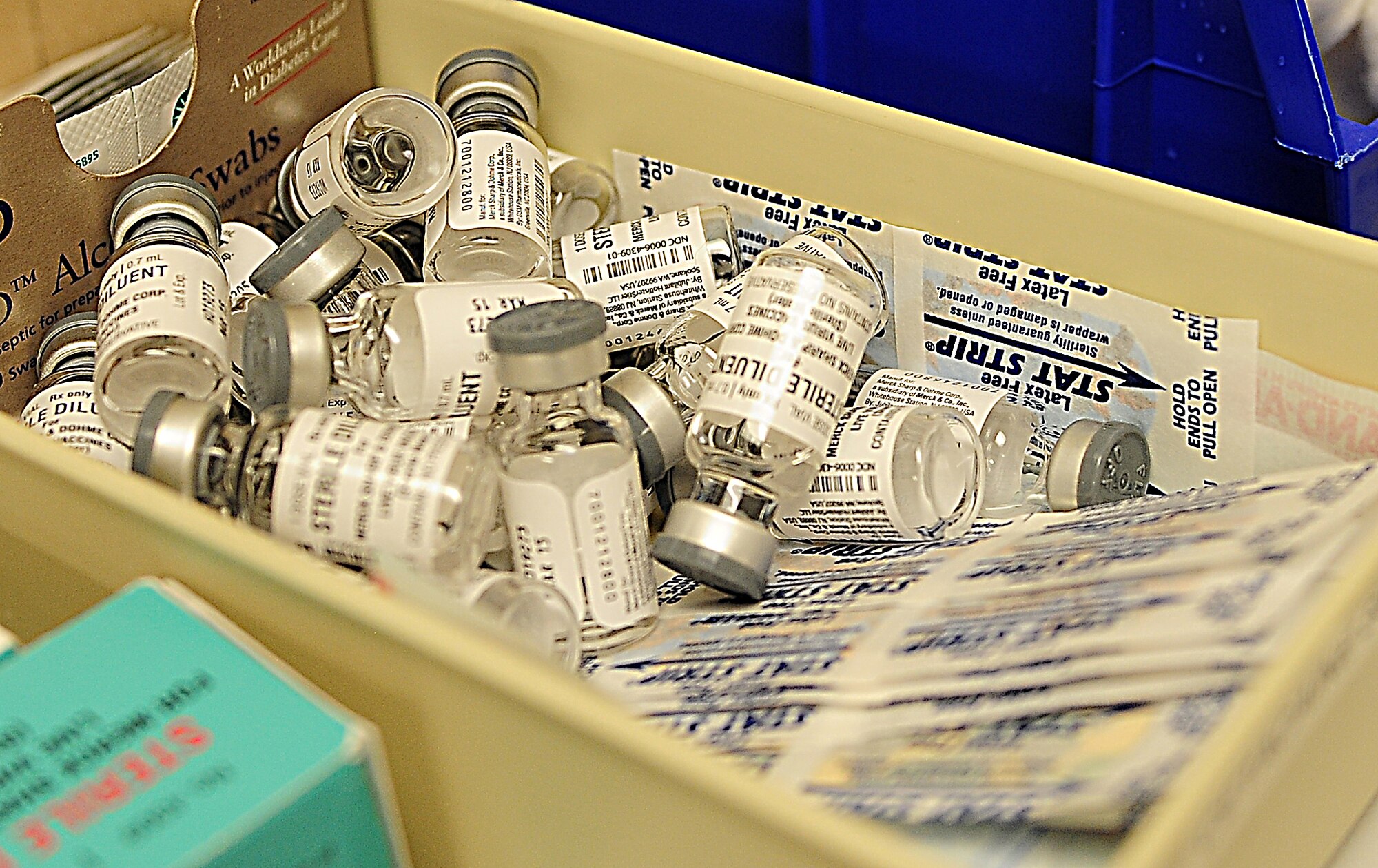 The 5th Medical Group immunizations clinic provides routine and deployment vaccines to all eligible beneficiaries. This includes civilians and contractors who are authorized care. The immunization clinic maintains a stock of all routine vaccines, as well as some travel-specific vaccines. The Mission of the 5th MDG is to deliver compassionate, seamless, family-centered health care to ensure medically reliable and effective mission-ready forces for the 5th Bomb Wing, 91st Missile Wing, and tenant units. (U.S. Air Force photo/Airman 1st Class Kristoffer Kaubisch)
