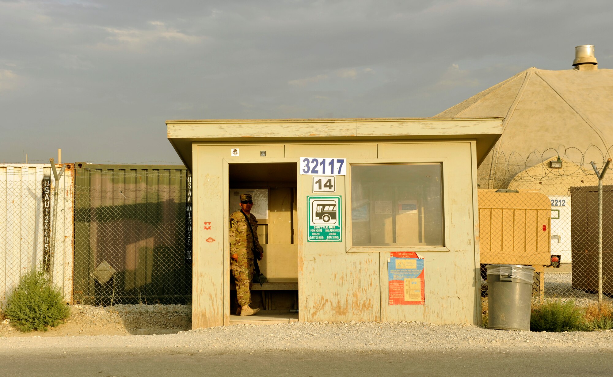 Last month the base was subject to an Indirect Fire attack where five Expeditionary Security Force Squadron members provided medical care to injured and defended the perimeter risking their lives. The bus stop is an example of the of the are where the IDF hit. (U.S Air Force photo/ Staff Sgt. Stephenie Wade)