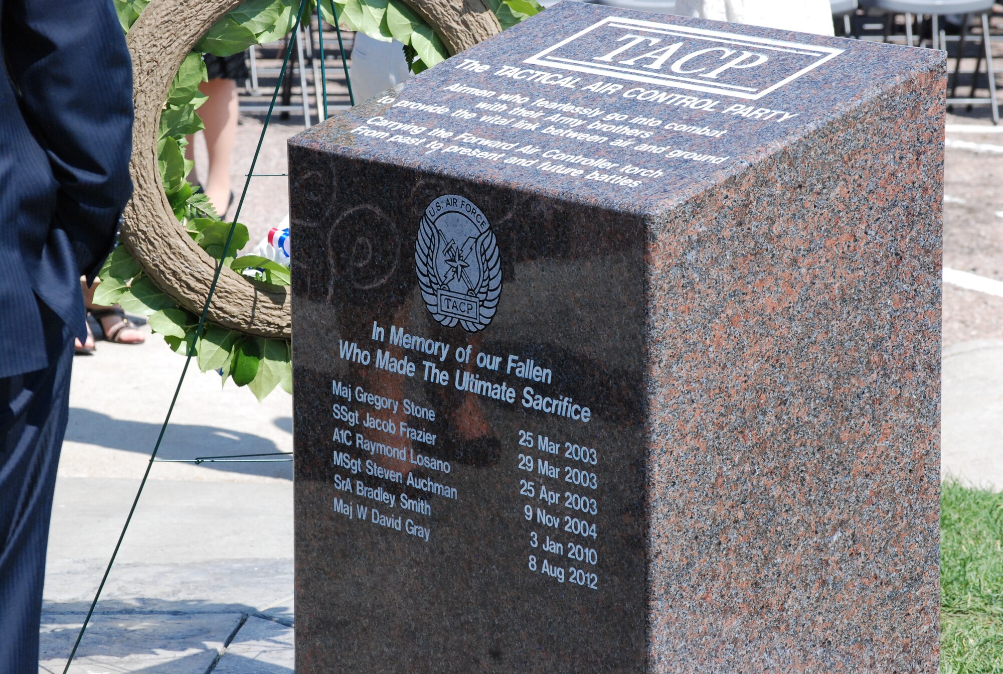 COLORADO SPRINGS, Colo. – The six names inscribed on the front of the new TACP Memorial honors the sacrifices of the controllers and support members within the TACP community. (U.S. Air Force photo/Michael Golembesky)