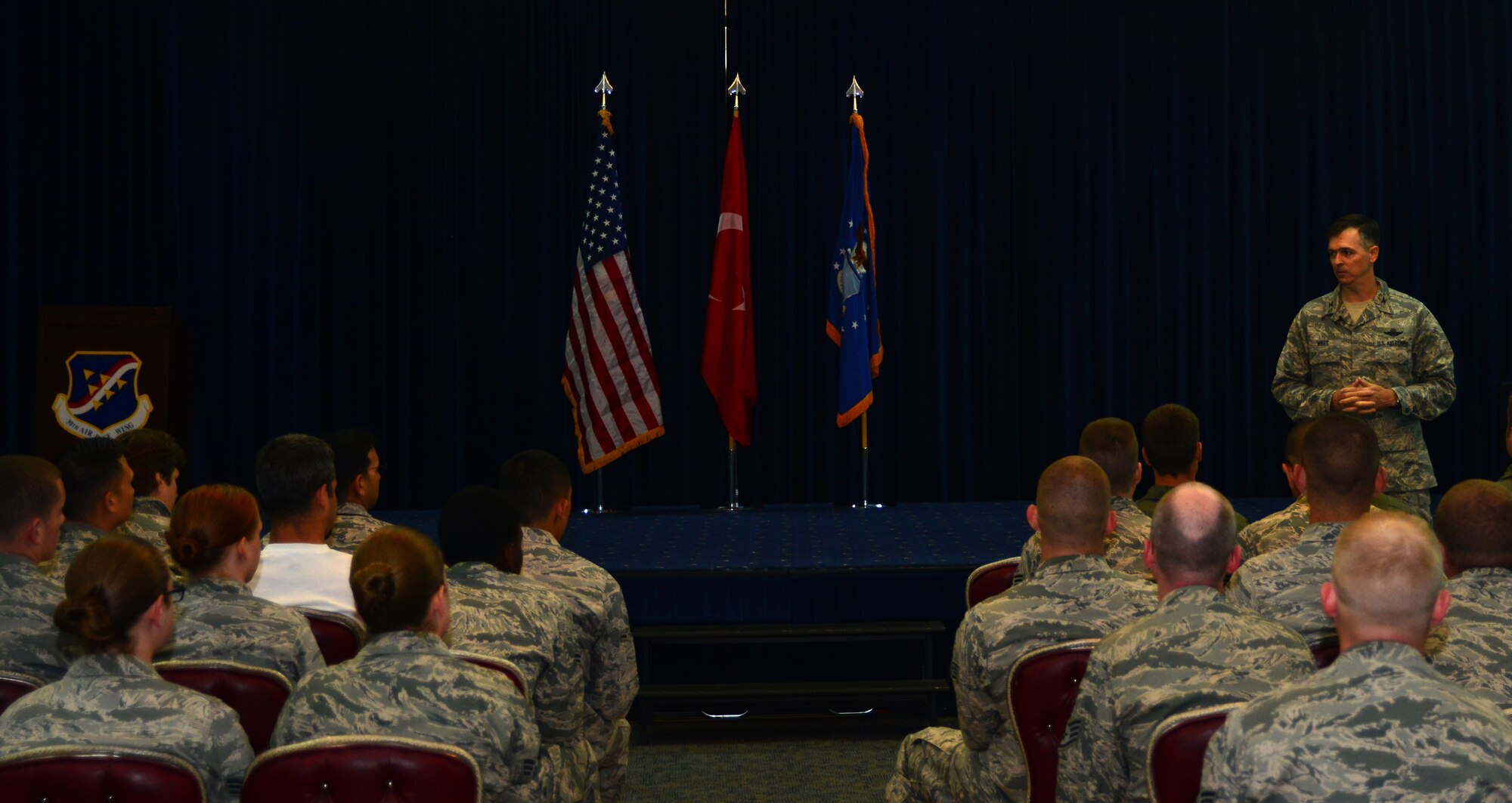 Col. Craig Wills, 39th Air Base Wing commander conveys his expectations, vision and priorities with members of the 39th Maintenance Group and 39th Operations Squadron during a commander’s call July 12, 2013, at Incirlik Air Base, Turkey. The commander’s call was a way for the new commander to introduce himself and share his goals with the wing. (U.S. Air Force photo by Staff Sgt. Eric Summers Jr./Released)