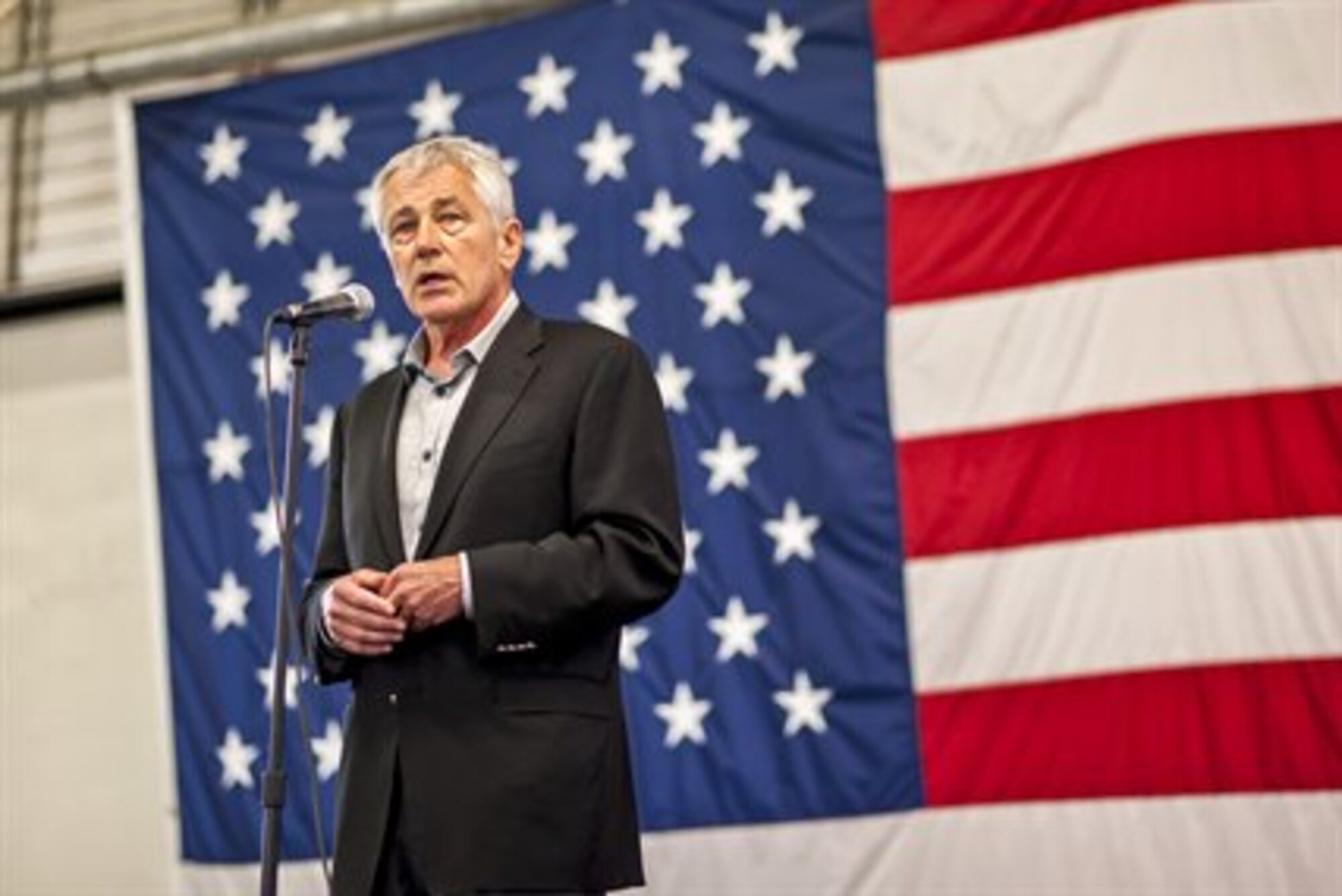Defense Secretary Chuck Hagel speaks to Soldiers, families and civilians during a town hall meeting at Pop Army Airfield on Fort Bragg, N.C., July 15, 2013. Hagel is on a three-day trip to visit bases to get feedback from troops about the effects of sequestration and furloughs. (U.S. Army photo by Timothy Hale/Released)
