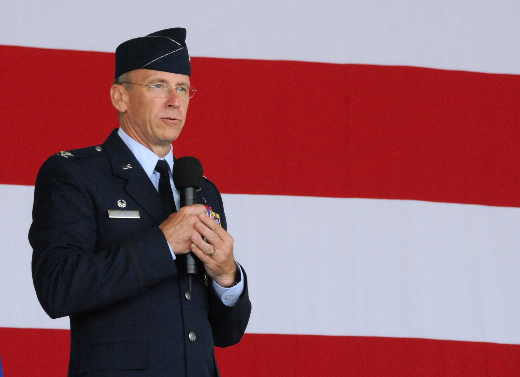 Col. Donald R. Lindberg, new 10th Air Force vice commander, addresses the crowd during the 482nd Fighter Wing change of command ceremony at Homestead Air Reserve Base, Fla., July 14. (U.S. Air Force photo/Senior Airman Jaimi Upthegrove)