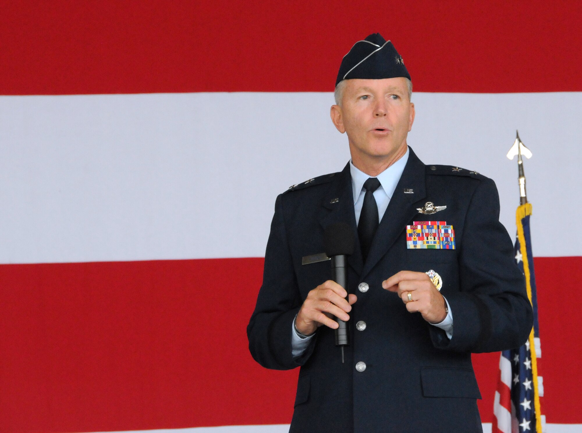Maj. Gen. William B. Binger, 10th Air Force commander, addresses the crowd during the 482nd Fighter Wing change of command ceremony at Homestead Air Reserve Base, Fla., July 14. (U.S. Air Force photo/Senior Airman Jaimi Upthegrove)