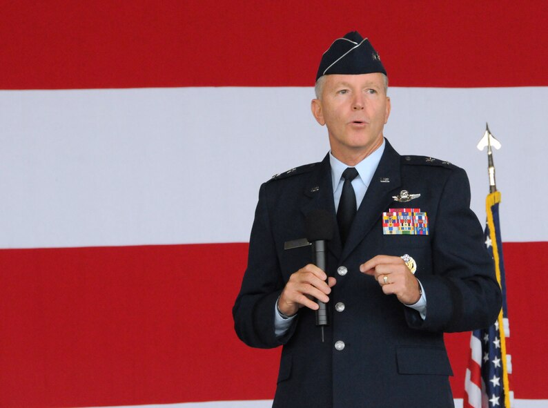 Maj. Gen. William B. Binger, 10th Air Force commander, addresses the crowd during the 482nd Fighter Wing change of command ceremony at Homestead Air Reserve Base, Fla., July 14. (U.S. Air Force photo/Senior Airman Jaimi Upthegrove)