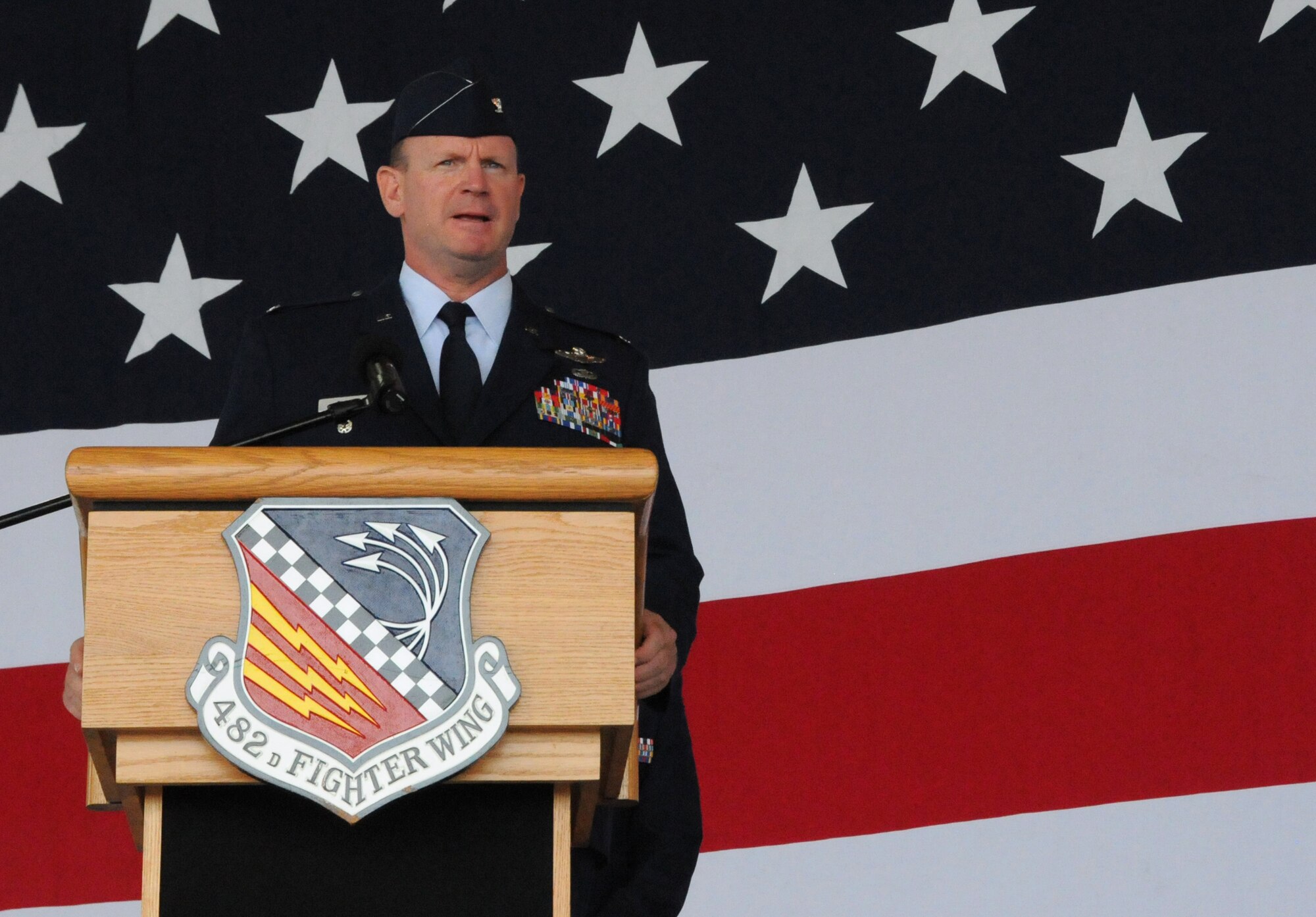 Col. Christian G. Funk, new 482nd Fighter Wing commander, addresses the crowd during the 482nd FW change of command ceremony at Homestead Air Reserve Base, Fla., July 14. (U.S. Air Force photo/Senior Airman Jaimi Upthegrove)