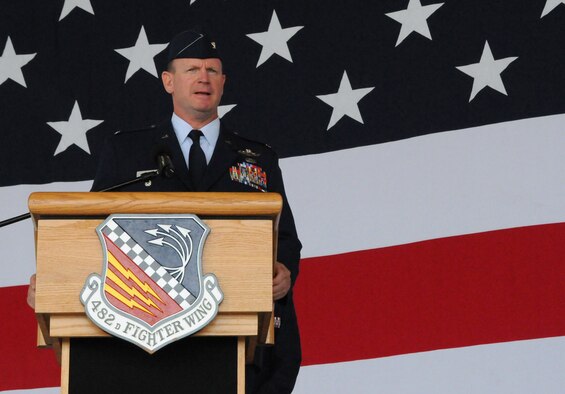 Col. Christian G. Funk, new 482nd Fighter Wing commander, addresses the crowd during the 482nd FW change of command ceremony at Homestead Air Reserve Base, Fla., July 14. (U.S. Air Force photo/Senior Airman Jaimi Upthegrove)